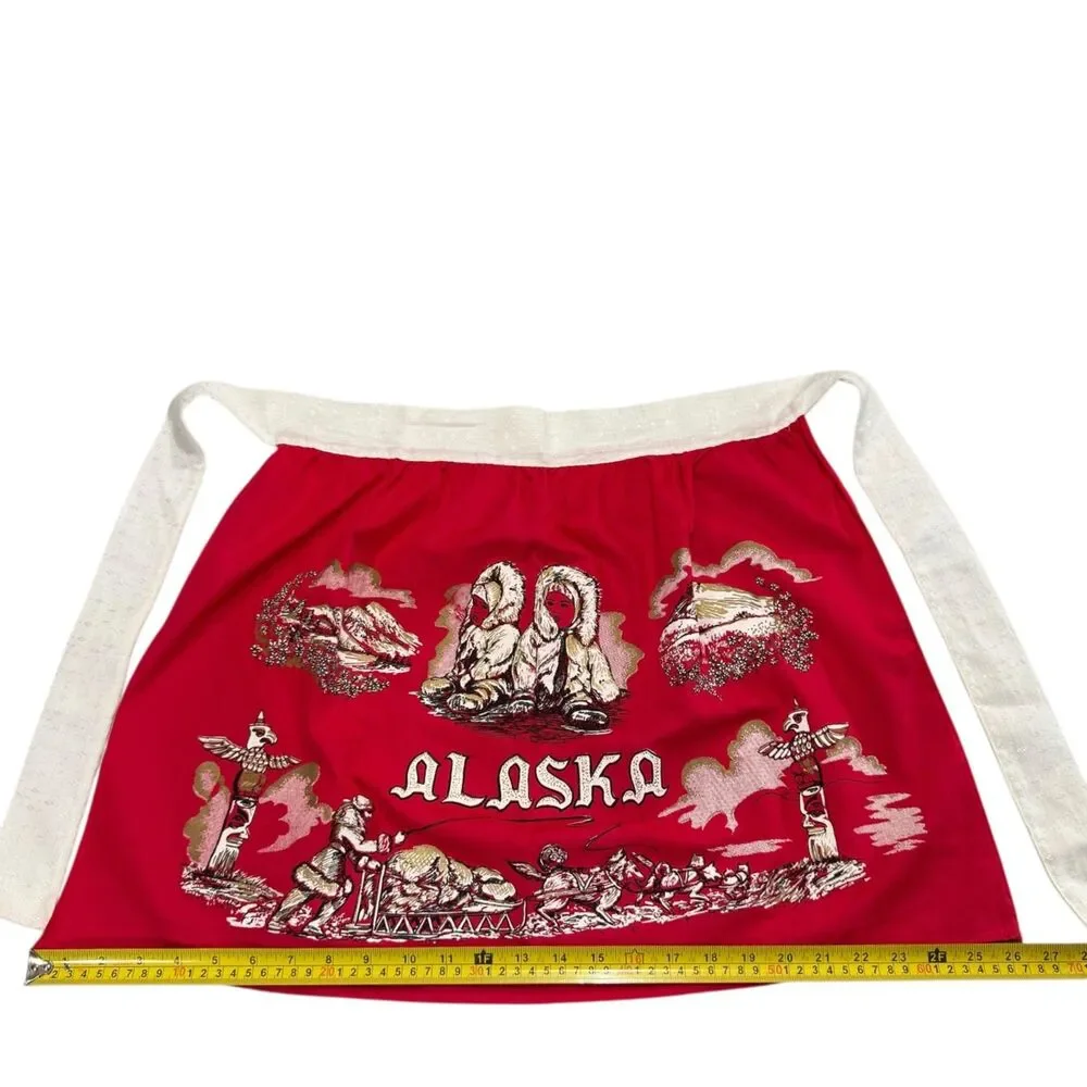 Vintage Alaska Souvenir Scenic Half Apron Kitschy Farmhouse Never Used Retro Red